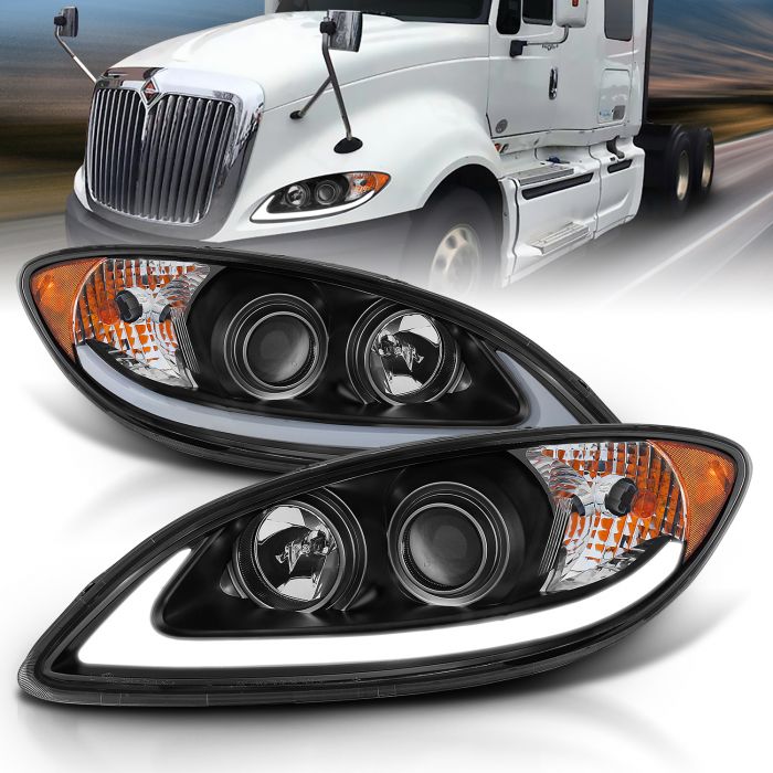 Driver and Passenger Side AmeriLite Factory Style Black Replacement Headlights Set for 2008-2016 International ProStar 